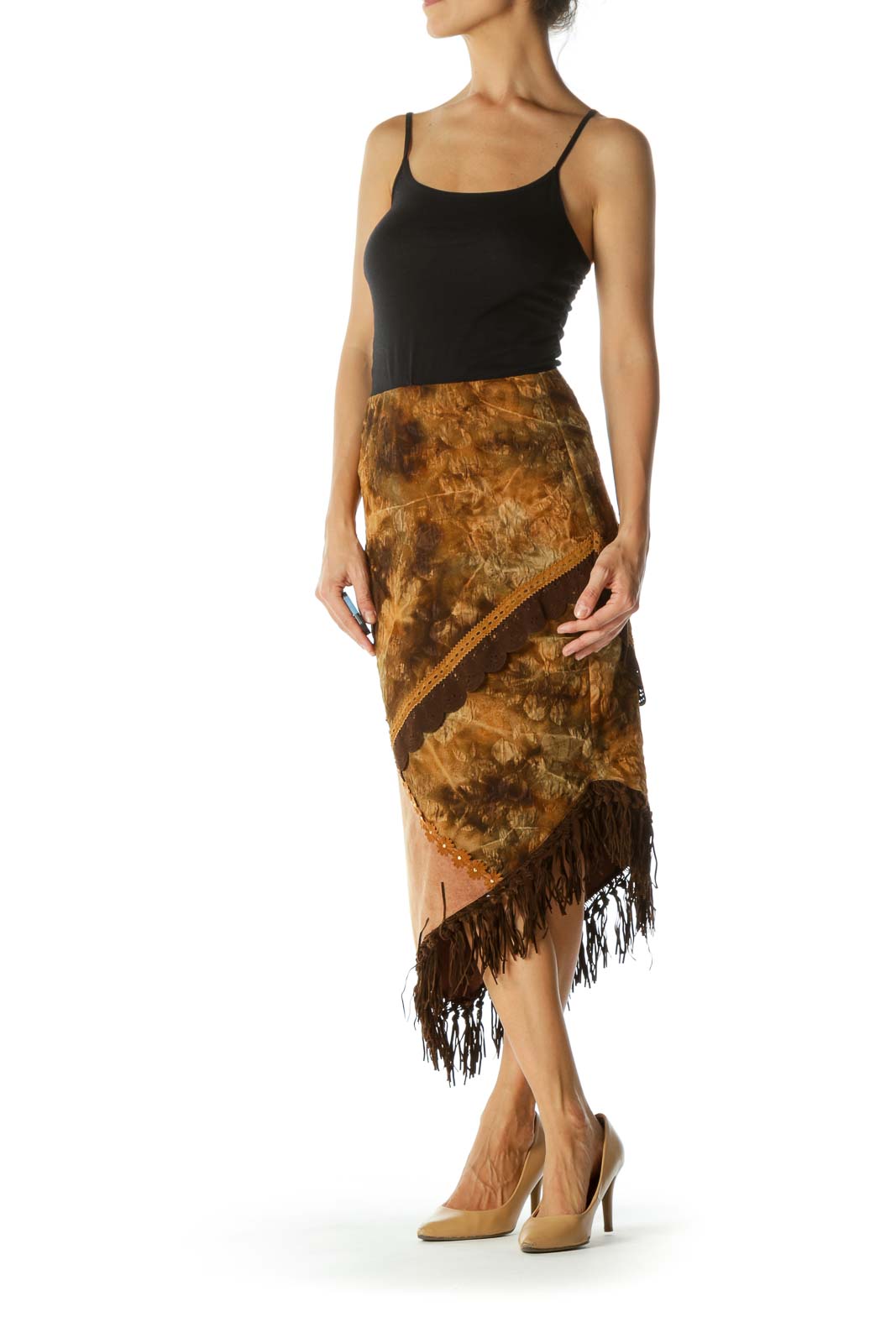 Brown Beige Fringe Floral Jacquard Faux-Suede Mixed-Media Stretch Asymmetrical Skirt