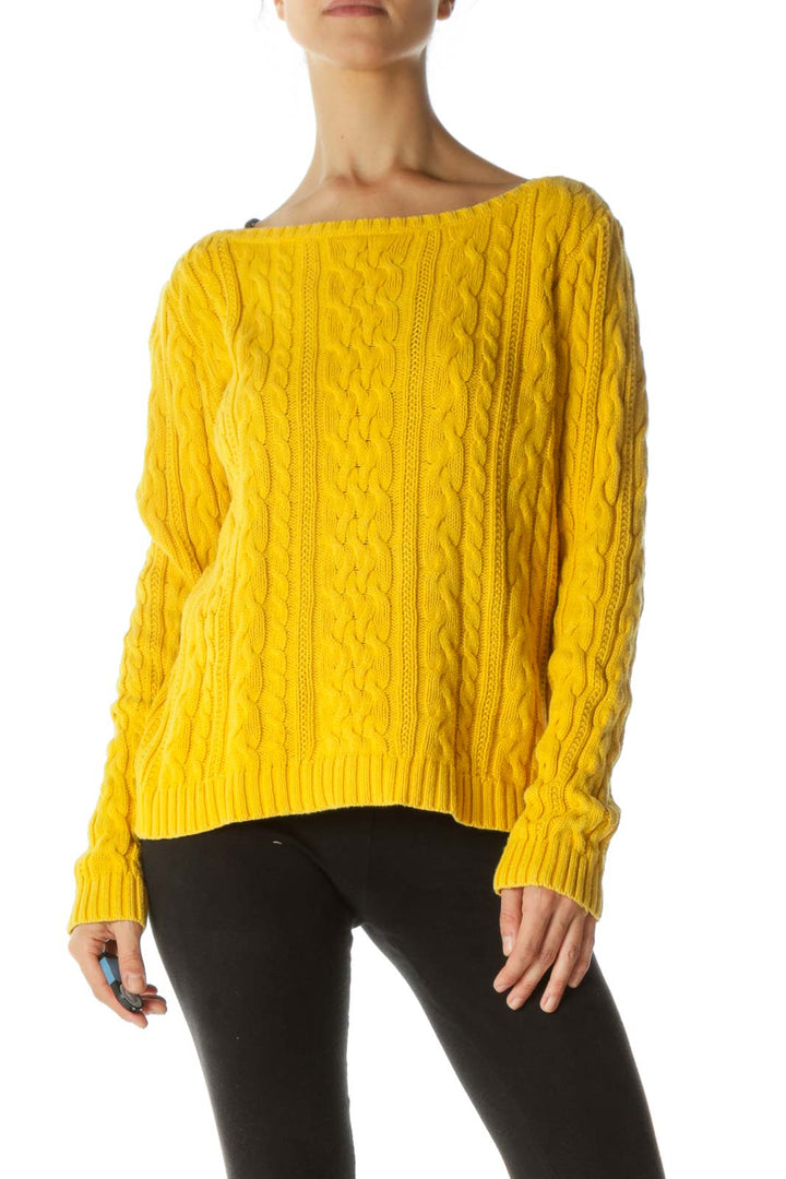 Yellow 100% Cotton Cable-Knit Boat-Neck Sweater