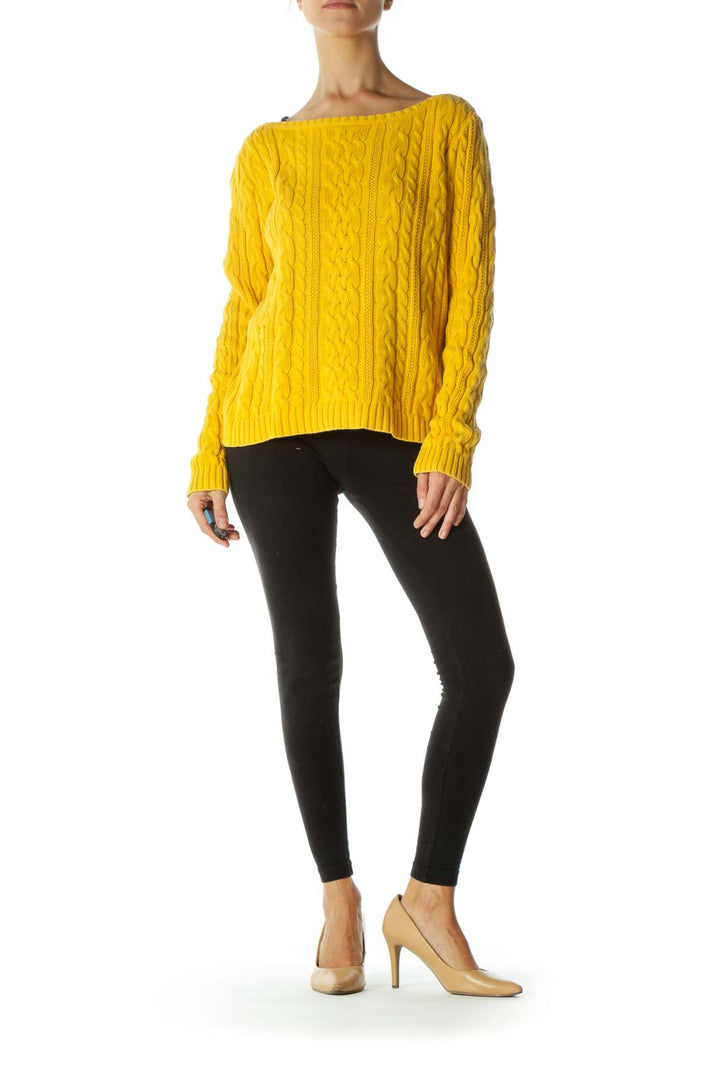 Yellow 100% Cotton Cable-Knit Boat-Neck Sweater