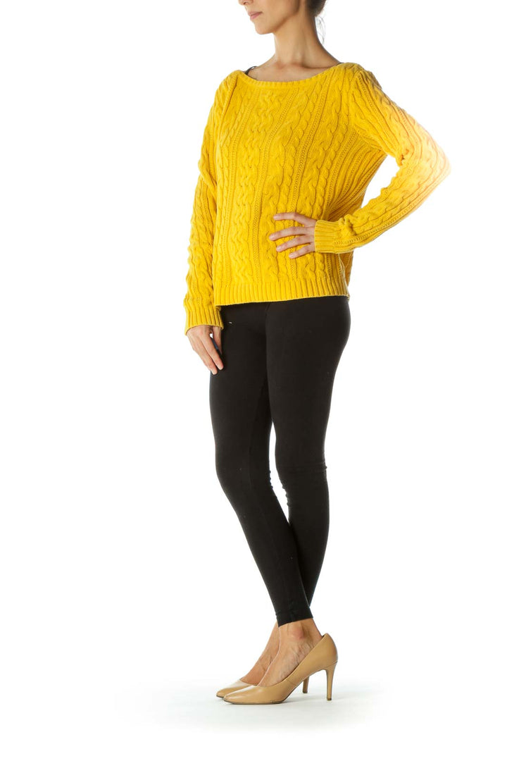 Yellow 100% Cotton Cable-Knit Boat-Neck Sweater