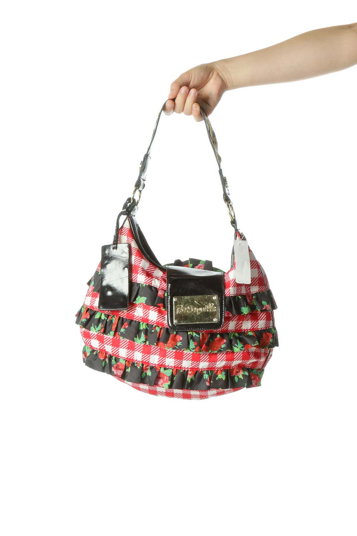 Red Printed Ruffle Shoulder Bag