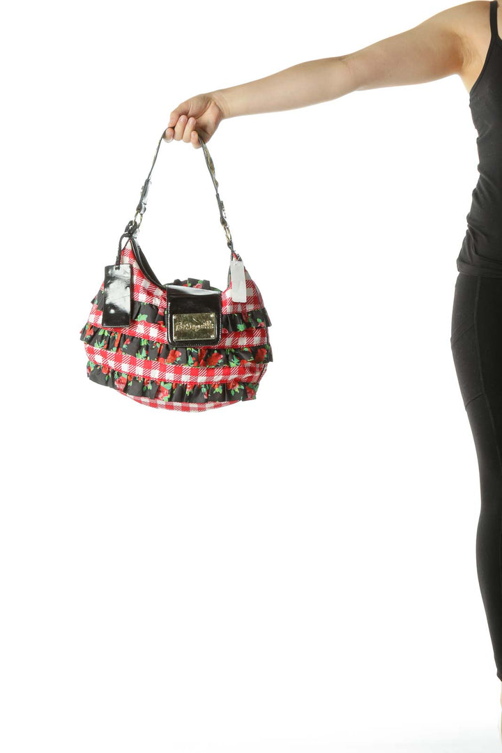 Red Printed Ruffle Shoulder Bag