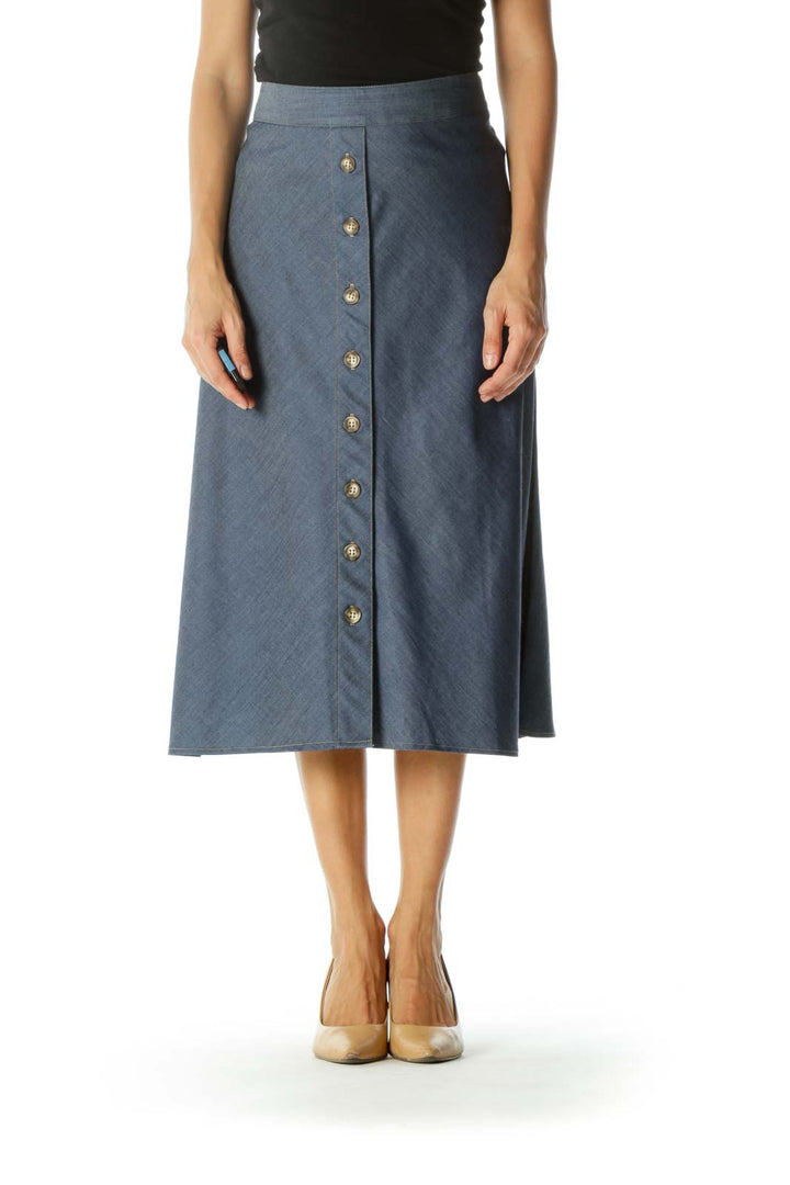 Blue Buttoned Flared Midi Skirt