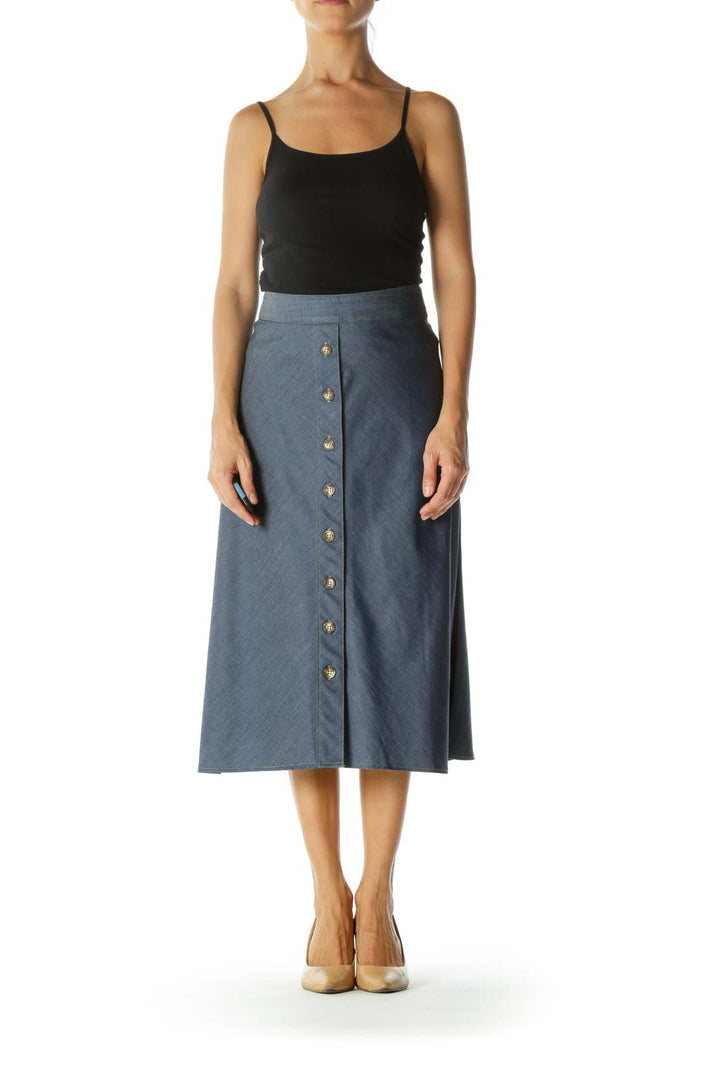 Blue Buttoned Flared Midi Skirt