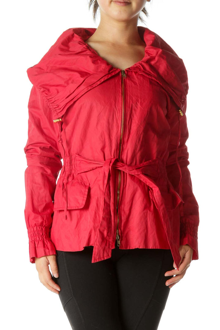 Red Zippered Shirring Detail Belted Jacket