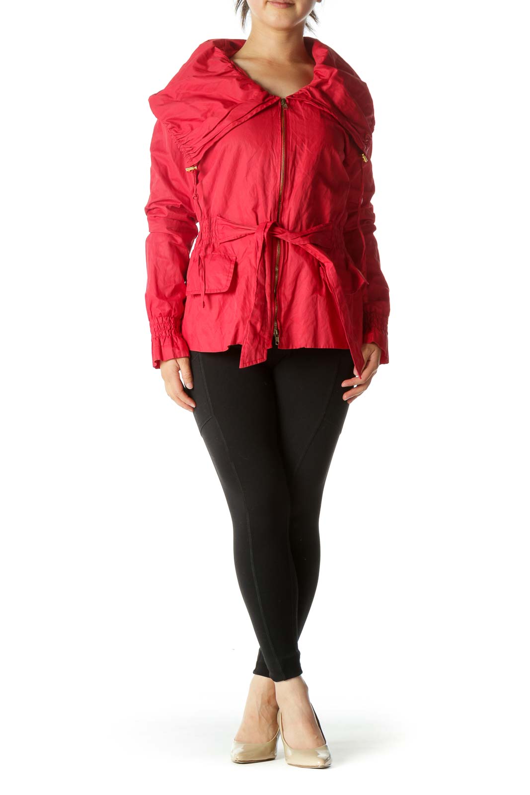 Red Zippered Shirring Detail Belted Jacket