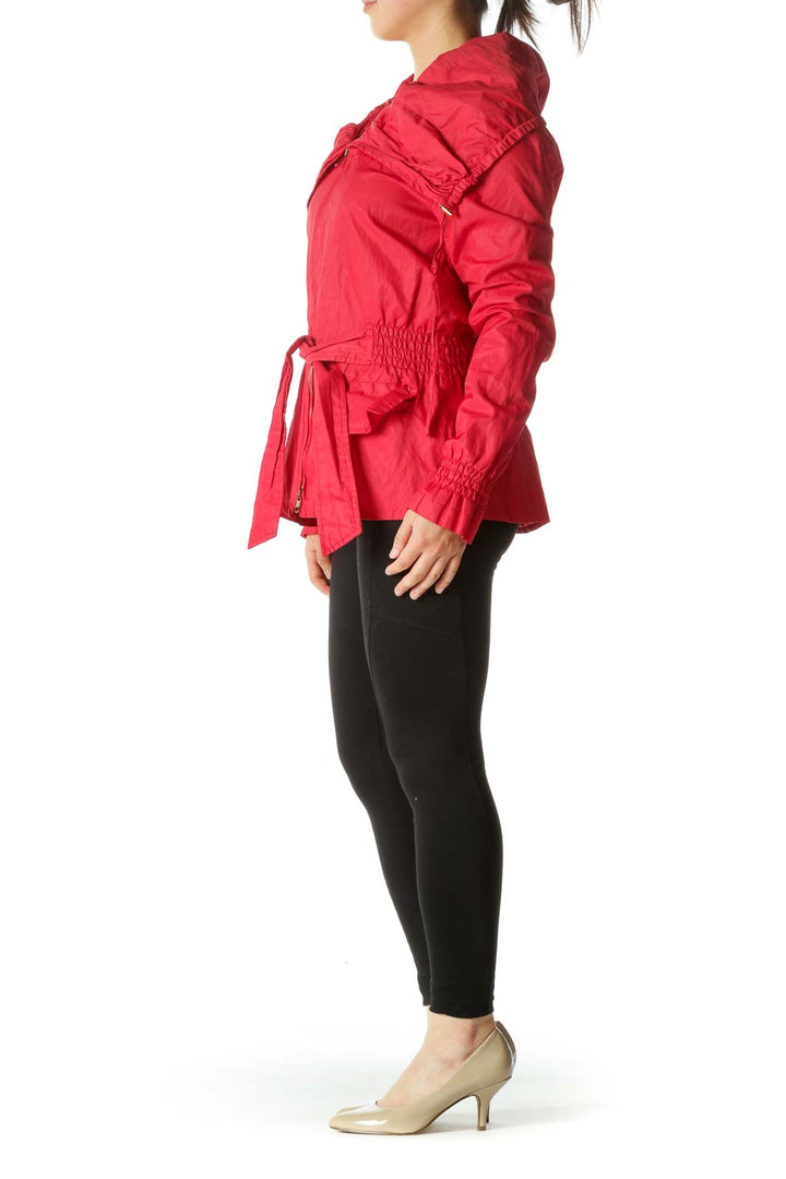 Red Zippered Shirring Detail Belted Jacket