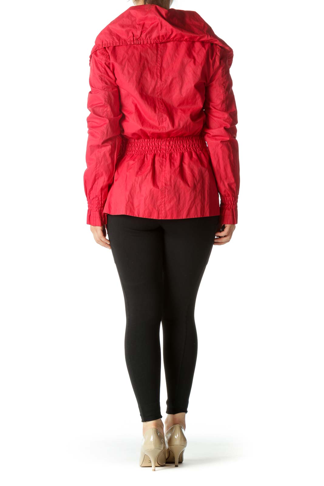 Red Zippered Shirring Detail Belted Jacket