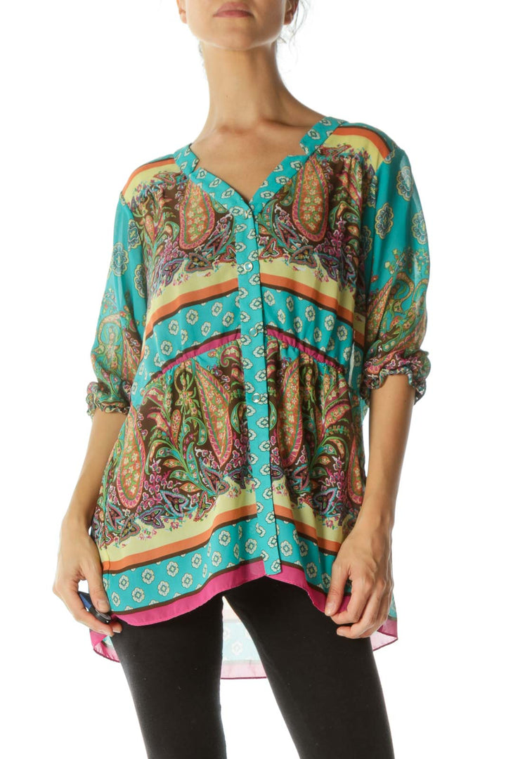 Green Paisley Print See Through Blouse