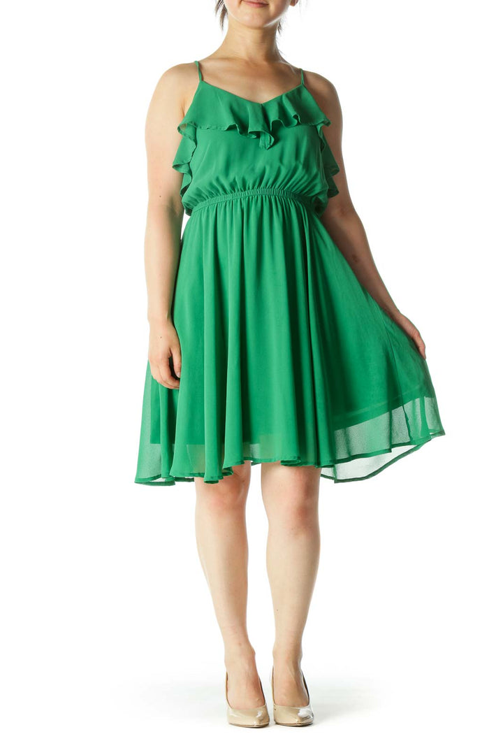 Green Ruffle Chiffon Midi Dress