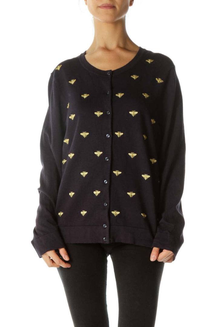 Navy Cardigan with Gold Bug Embroidery