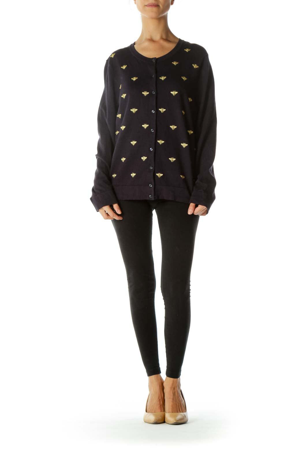 Navy Cardigan with Gold Bug Embroidery