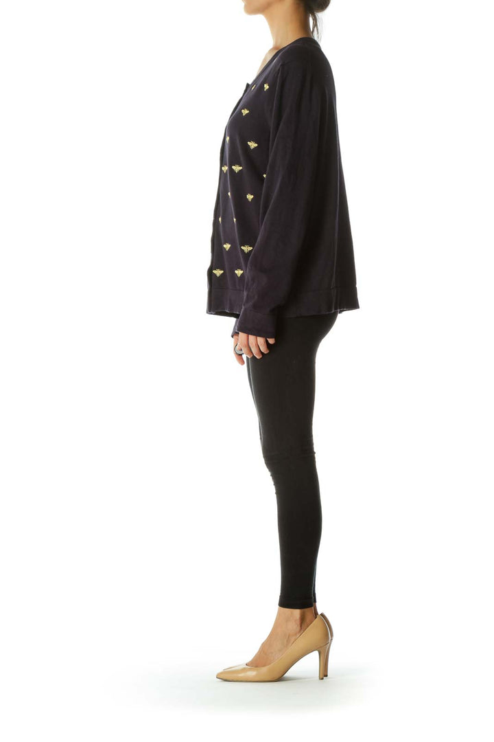 Navy Cardigan with Gold Bug Embroidery