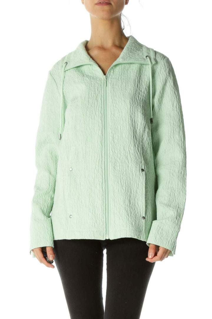 Mint Green Jacquard Drawstring Zippered Pocketed Jacket