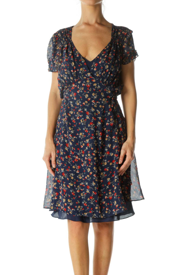 Blue Red Floral Waist Tie Mini Dress