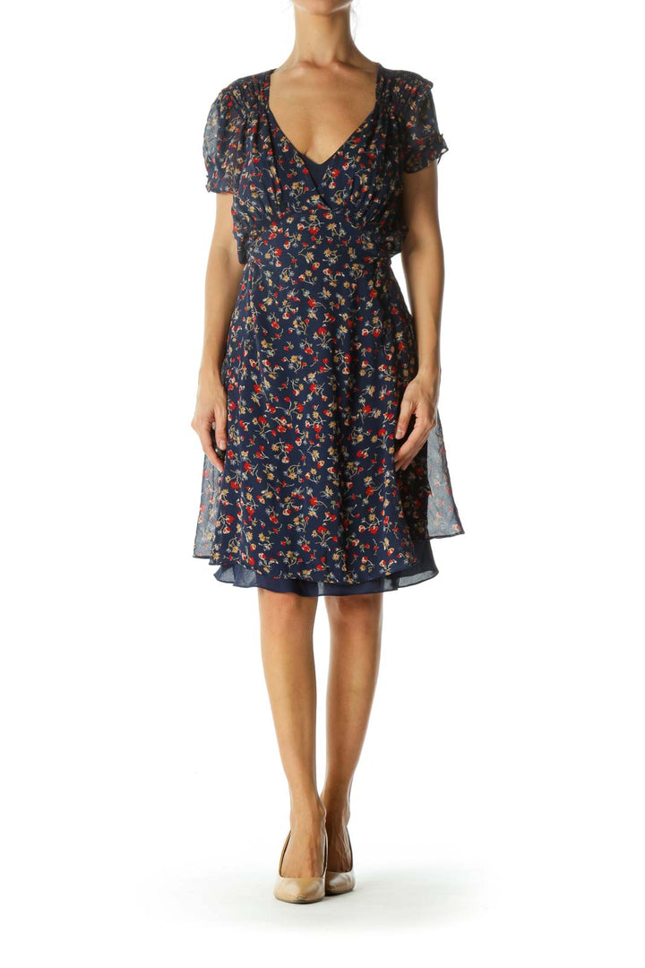 Blue Red Floral Waist Tie Mini Dress