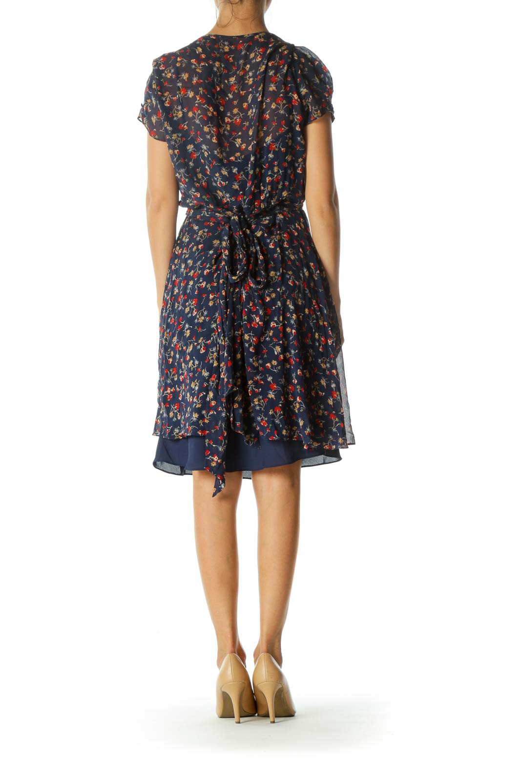 Blue Red Floral Waist Tie Mini Dress