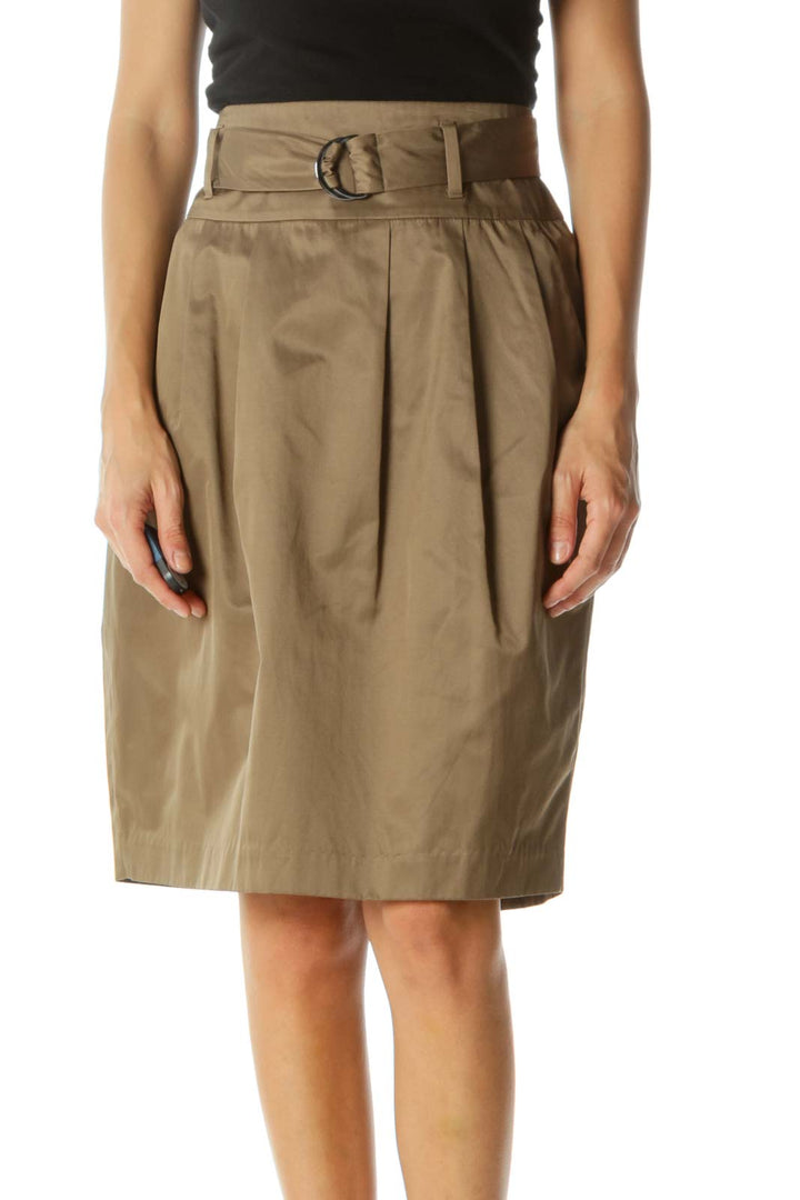 Brown Shiny Belted Pleated Pocketed Flared Skirt