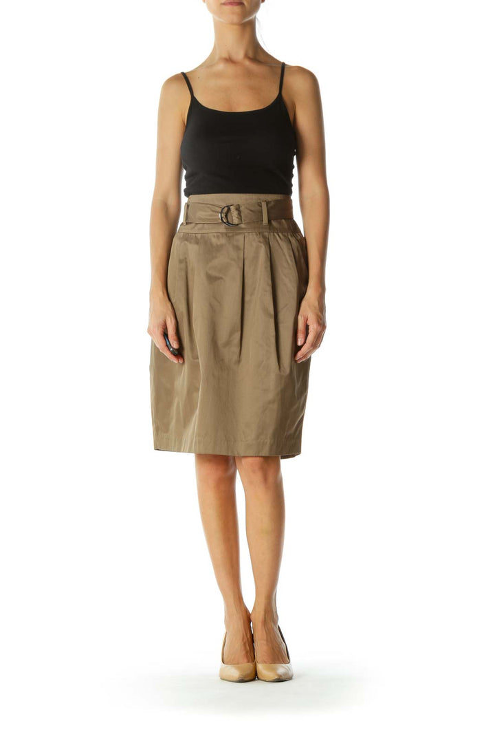 Brown Shiny Belted Pleated Pocketed Flared Skirt