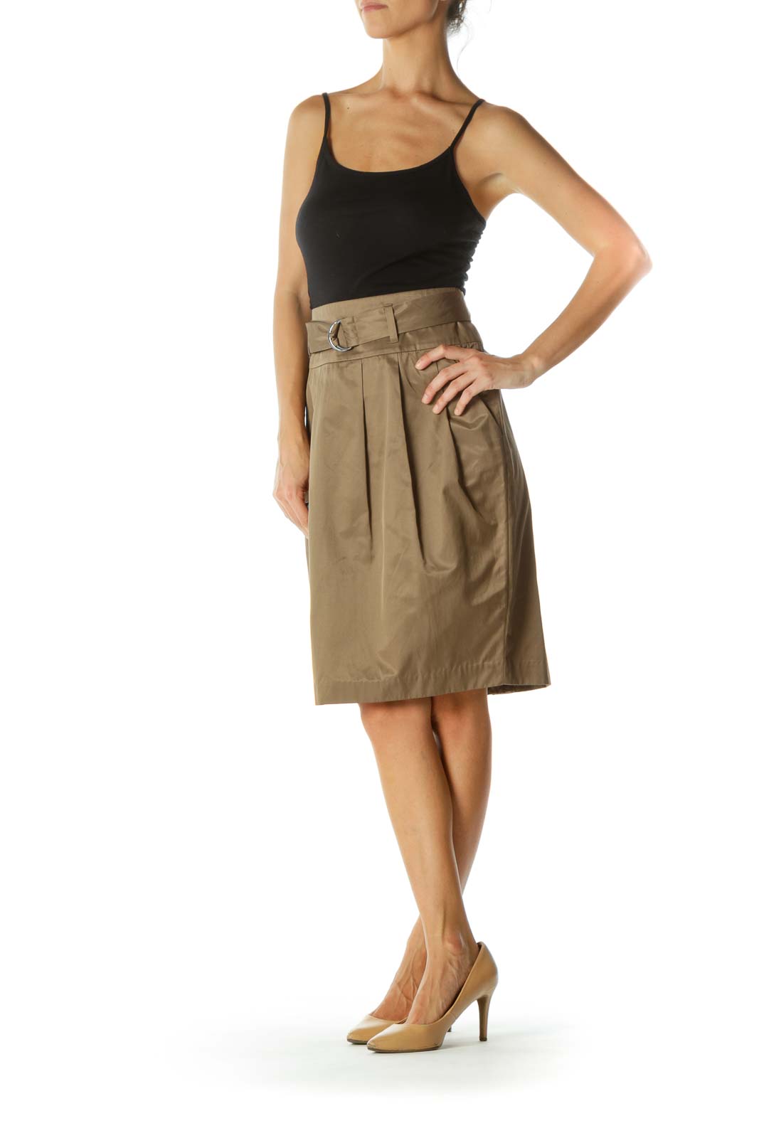 Brown Shiny Belted Pleated Pocketed Flared Skirt