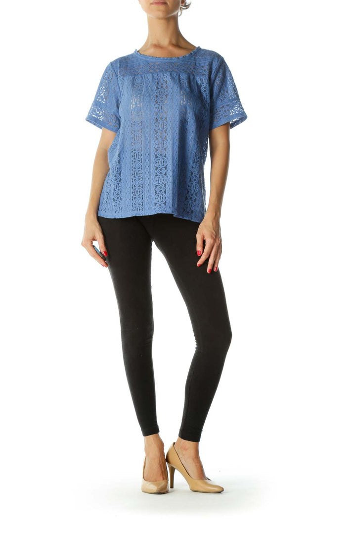 Blue Embroidered Lace Top