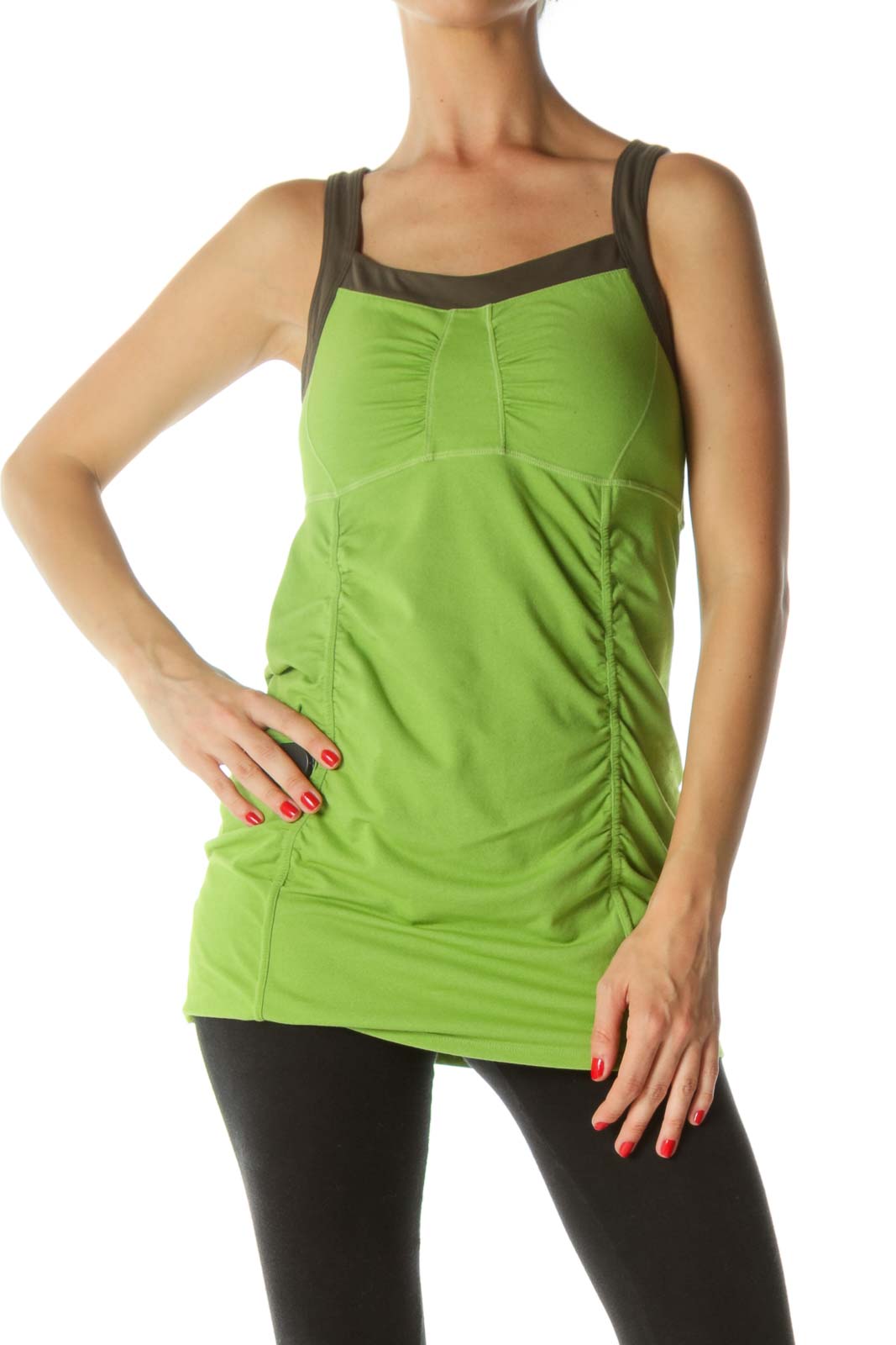 Front view of green Athleta tank top with ruched sides