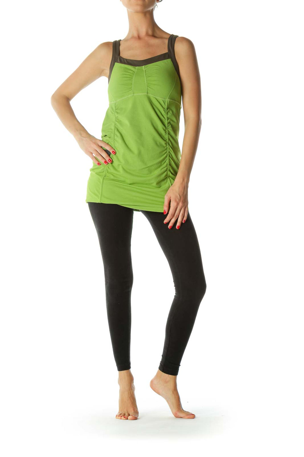 Front view of green Athleta tank top with ruched sides