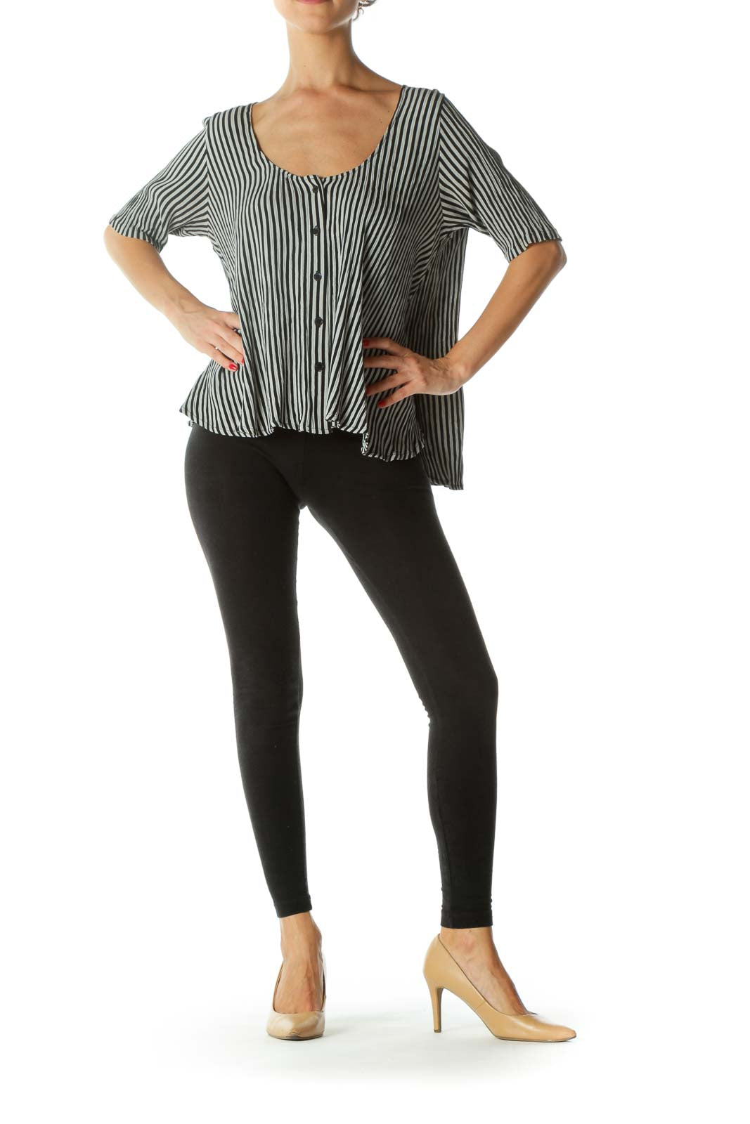 Black Gray Striped Short Blouse