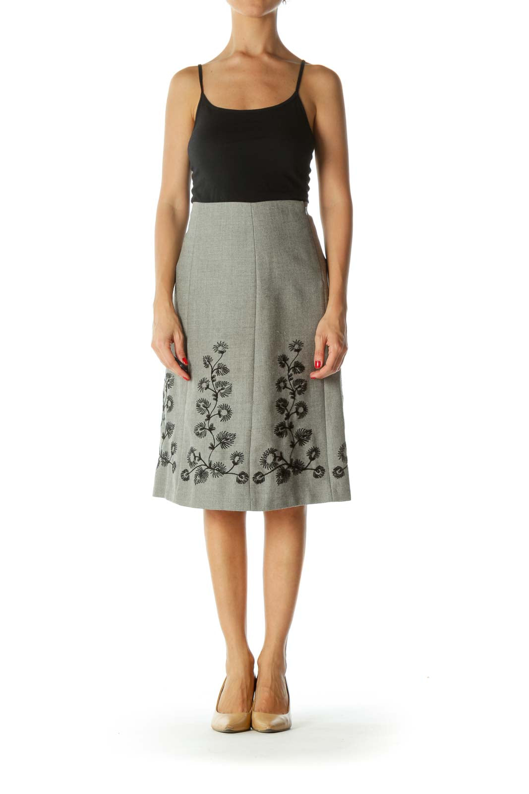 Gray Black Wool Floral Embroidery Cinched-Waist A-Line Skirt