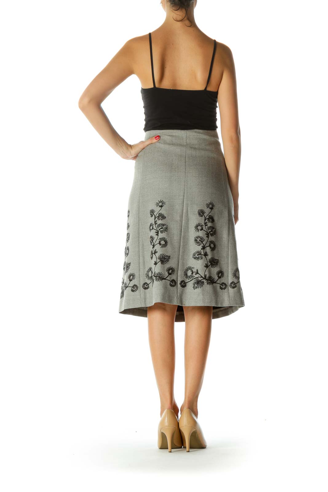 Gray Black Wool Floral Embroidery Cinched-Waist A-Line Skirt