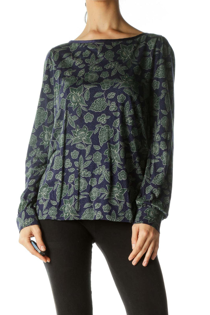 Purple Green Leaf Print Long Sleeves T-shirt