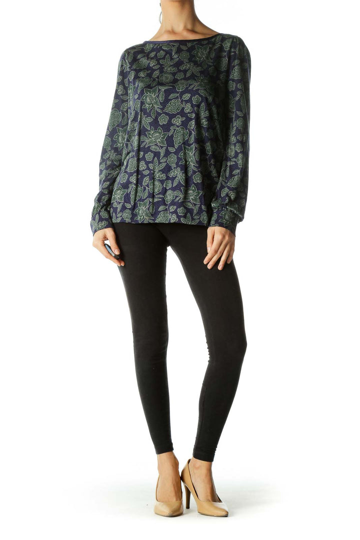 Purple Green Leaf Print Long Sleeves T-shirt