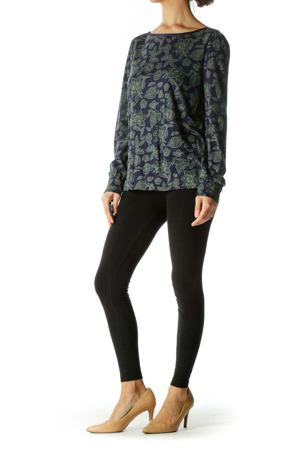 Purple Green Leaf Print Long Sleeves T-shirt