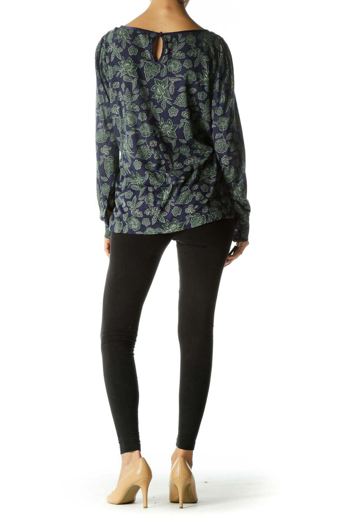 Purple Green Leaf Print Long Sleeves T-shirt