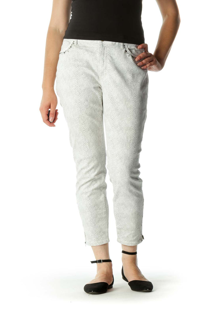 White Gray Studded Zipper Details Stretch Skinnt Pants