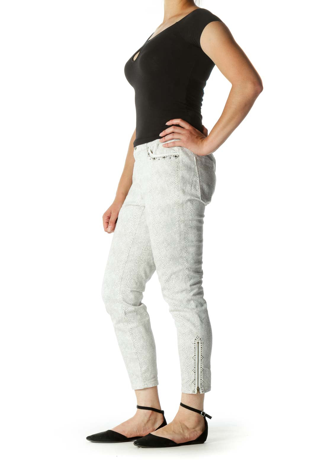 White Gray Studded Zipper Details Stretch Skinnt Pants