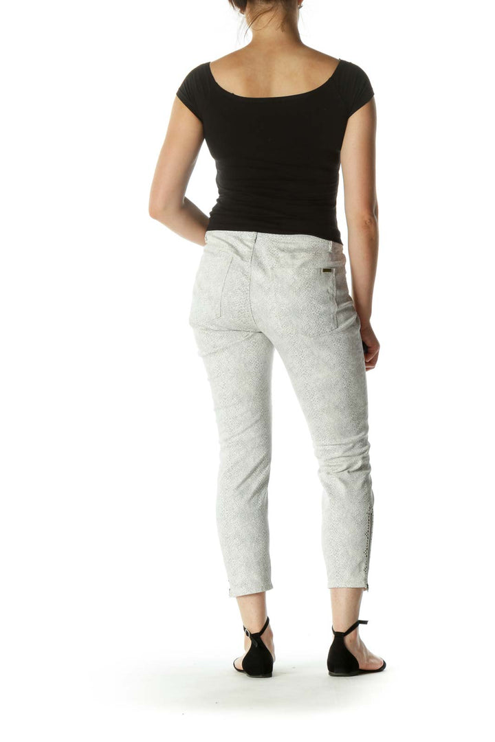 White Gray Studded Zipper Details Stretch Skinnt Pants