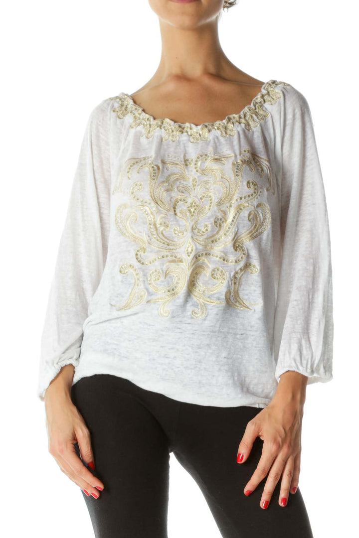 White Gold Linen Blend Sequined Embroidered Elastic Detail Knit Top