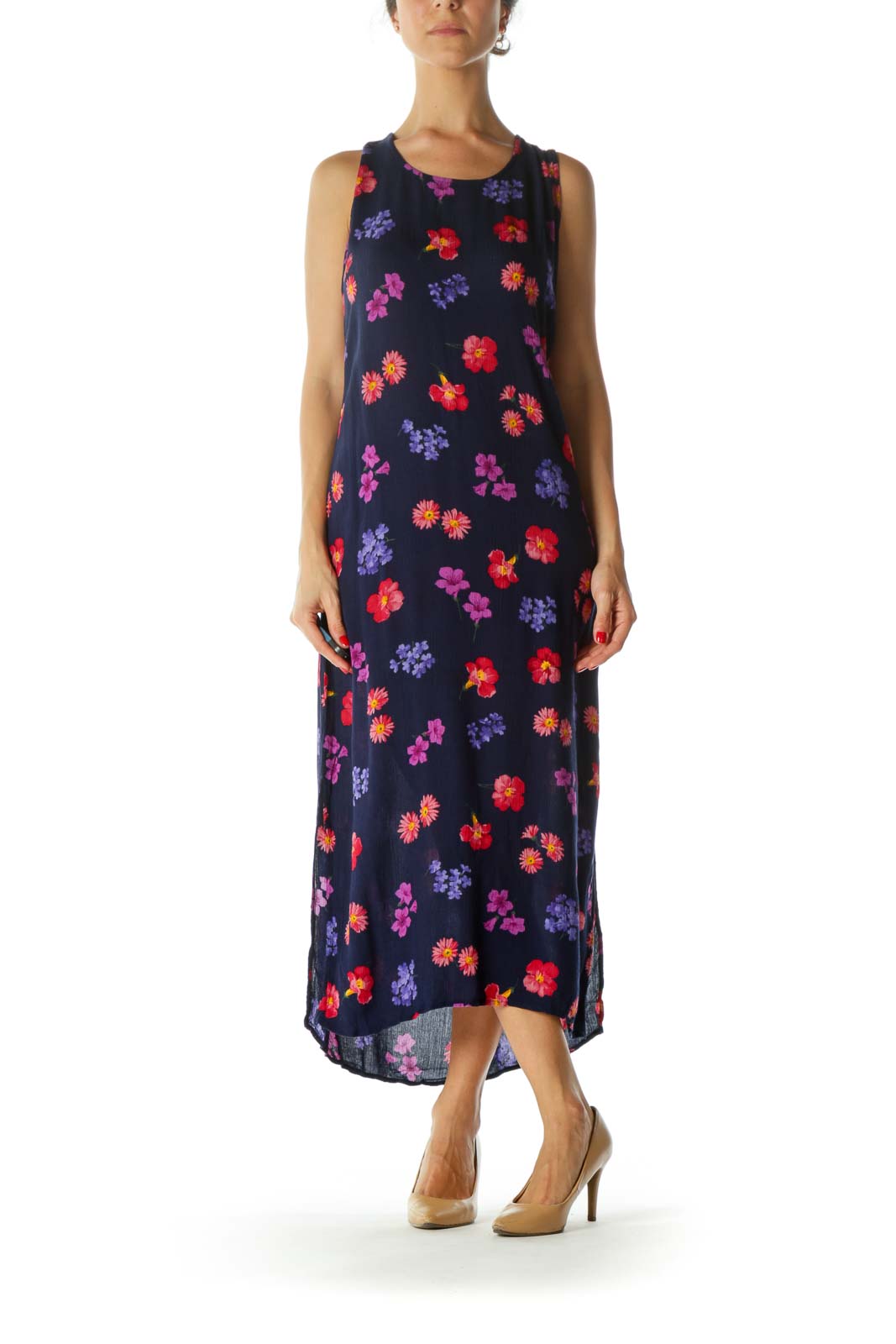 Purple Yellow Red Floral Print Round Neck Stretch Back-String Day Dress