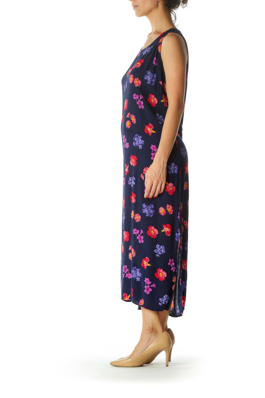 Purple Yellow Red Floral Print Round Neck Stretch Back-String Day Dress