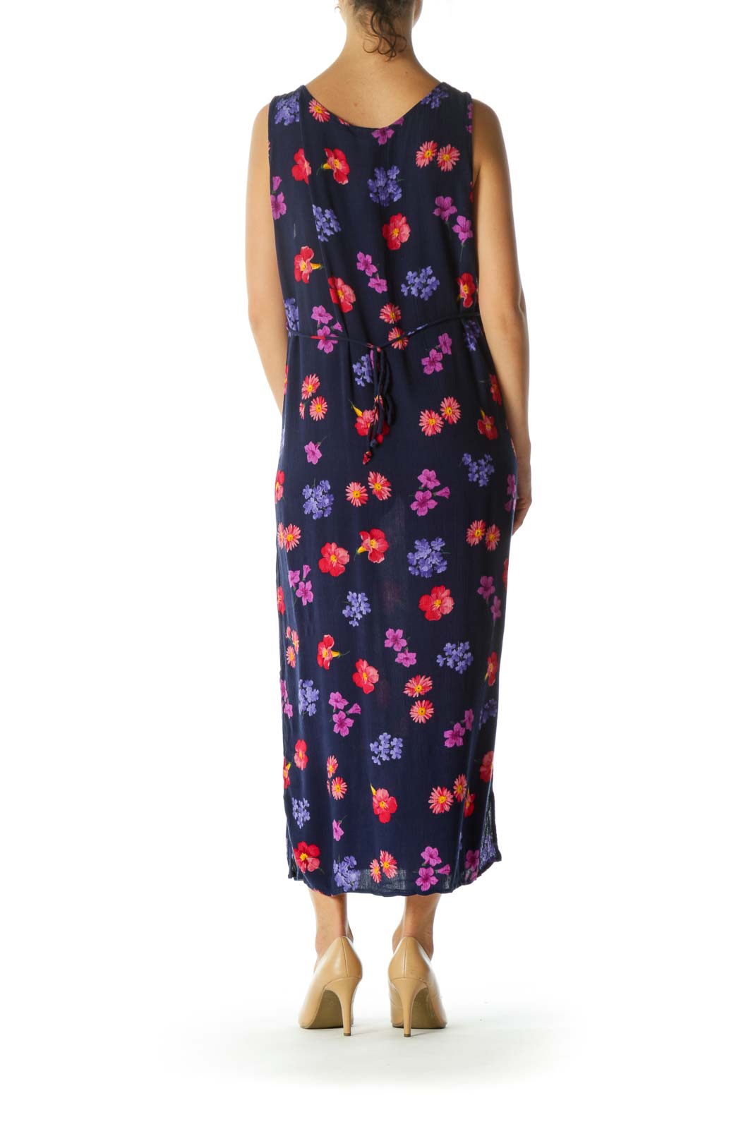 Purple Yellow Red Floral Print Round Neck Stretch Back-String Day Dress