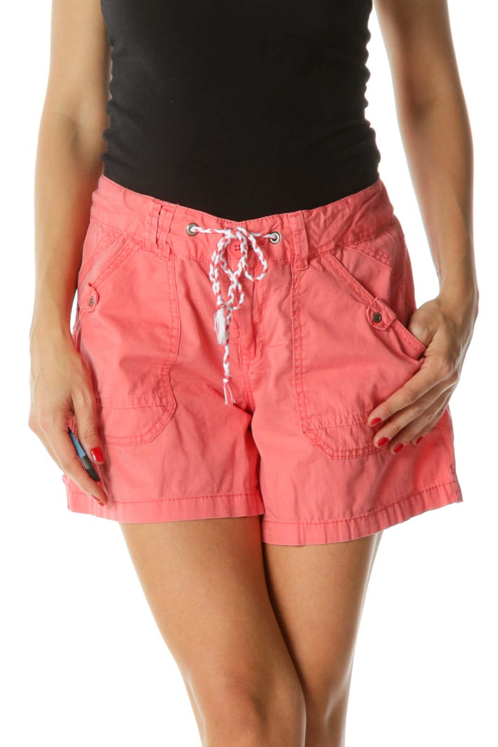 Coral Pink 100% Cotton Pocketed Braided-Drawstring Shorts