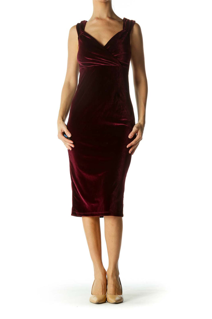 Burgundy Velvet Fitted Cocktail Midi Dress