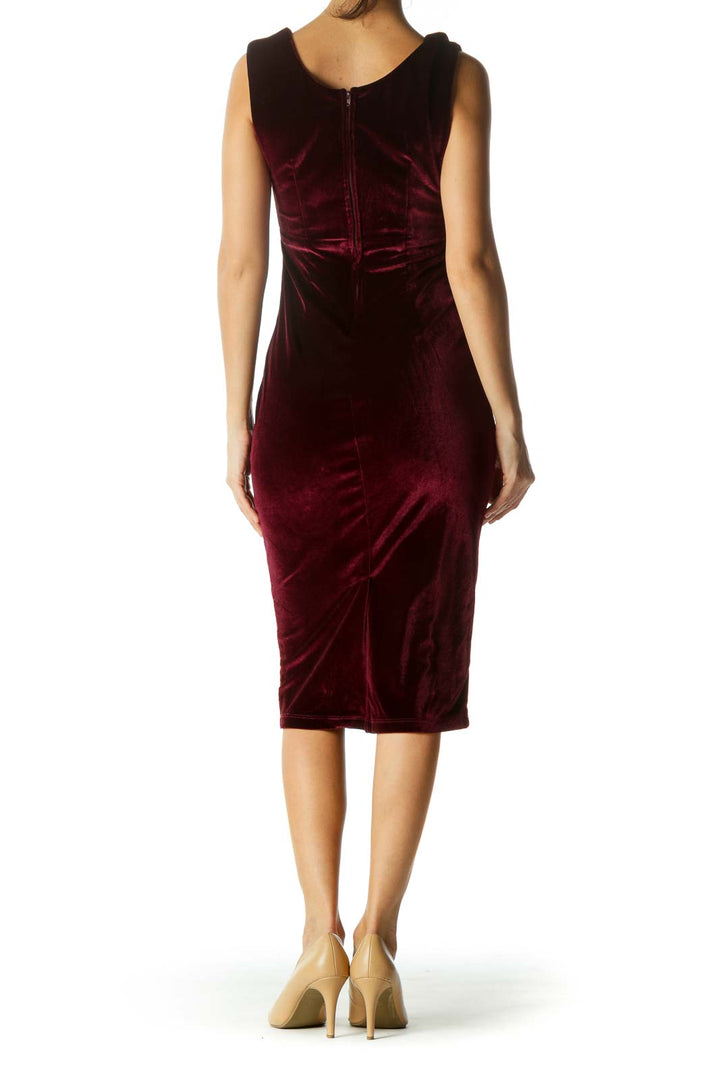 Burgundy Velvet Fitted Cocktail Midi Dress