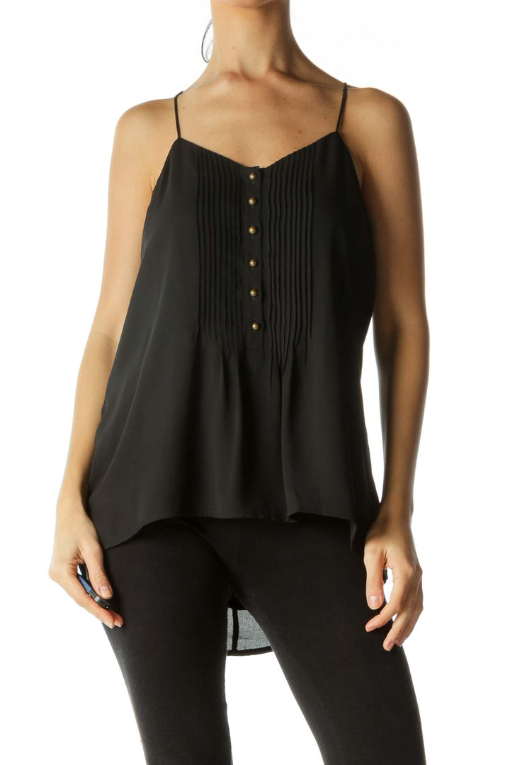 Black V-Neck Pleated Buttoned Top