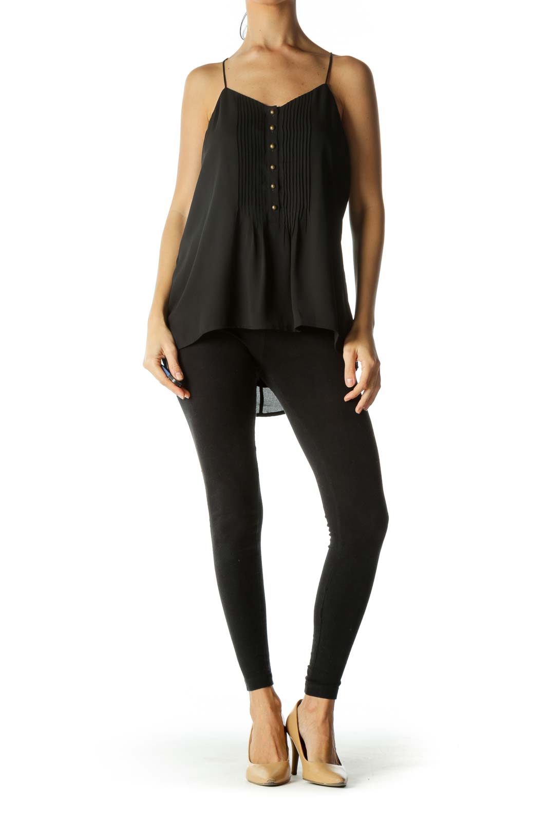 Black V-Neck Pleated Buttoned Top