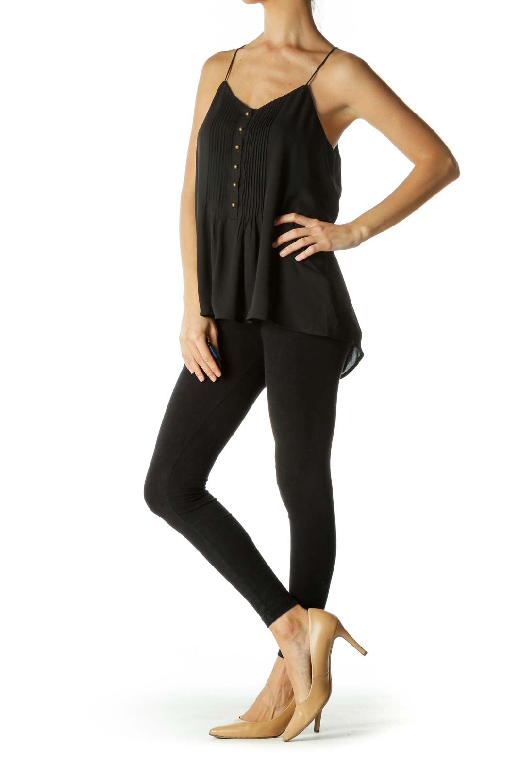 Black V-Neck Pleated Buttoned Top