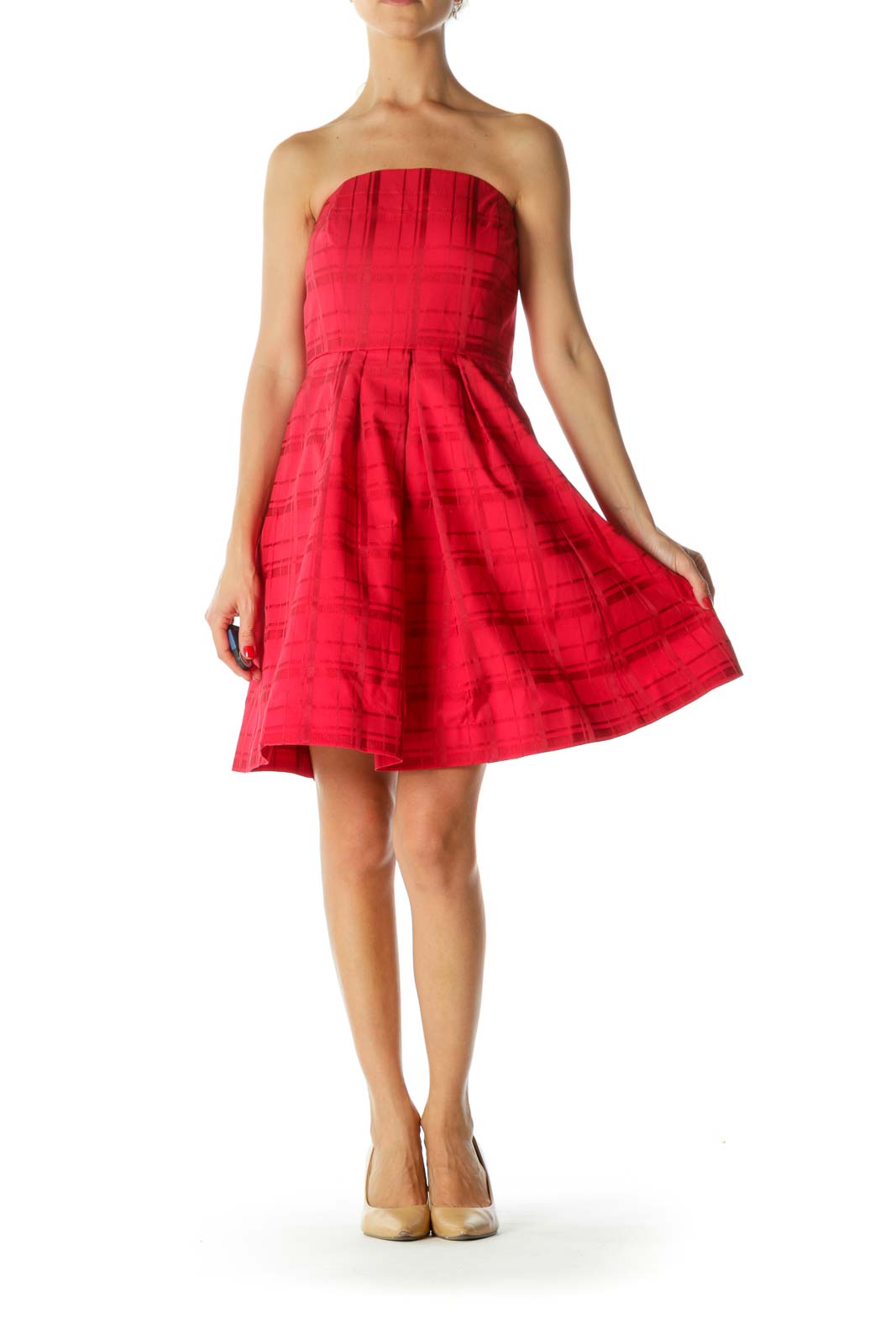 Red Plaid Jacquard Strapless Pleated Pocketed Cocktail Dress