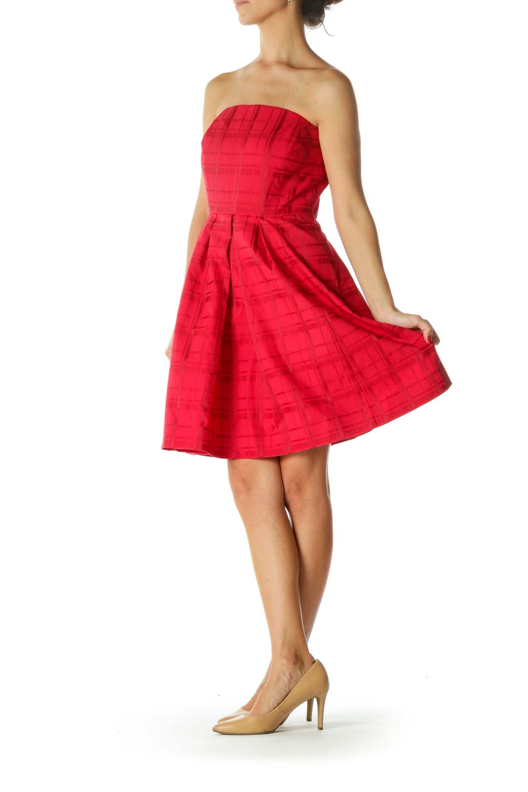 Red Plaid Jacquard Strapless Pleated Pocketed Cocktail Dress