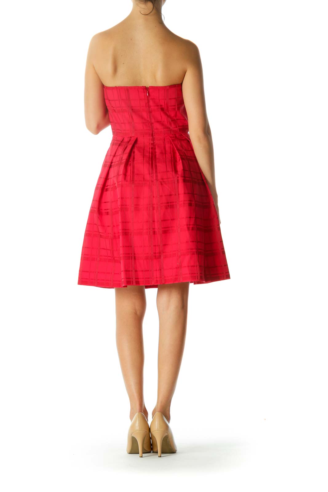 Red Plaid Jacquard Strapless Pleated Pocketed Cocktail Dress